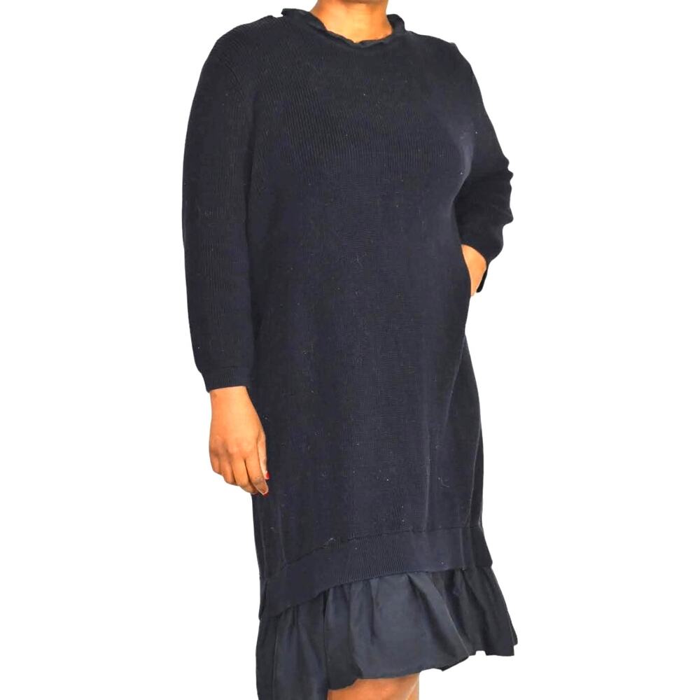 cos navy knit dress Sweater Blue Ruffle Hem Ruched Overlay Layered Size Large swatch:square-nk-3-4-sleeve-icon-dress-609